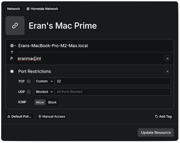 Twingate admin console showing a resource configured for SSH access on port 22
